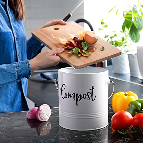 DAYYET Compost Bin Kitchen - 1.3 Gallon Farmhouse Kitchen Compost Bin Countertop - Indoor Compost Bin - Countertop Compost Bin with Lid and Charcoal Filters - Rust Proof Compost Bucket, White