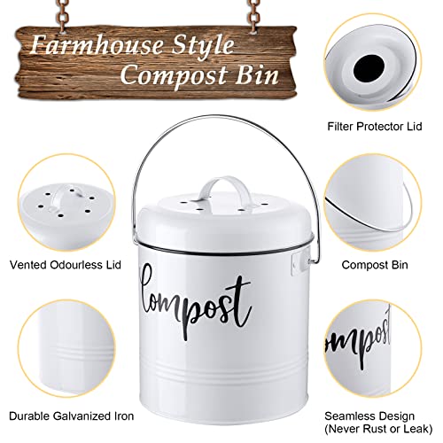 DAYYET Compost Bin Kitchen - 1.3 Gallon Farmhouse Kitchen Compost Bin Countertop - Indoor Compost Bin - Countertop Compost Bin with Lid and Charcoal Filters - Rust Proof Compost Bucket, White