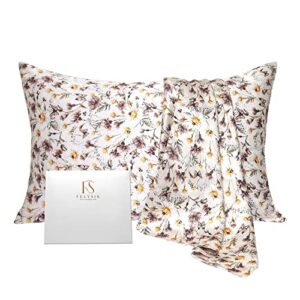 felysik butterfly floral silk pillowcase for hair and skin standard 20"x26", 22 momme mulberry silk khaki flower print pillow cases with zipper