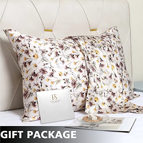 FELYSIK Butterfly Floral Silk Pillowcase for Hair and Skin Standard 20"x26", 22 Momme Mulberry Silk Khaki Flower Print Pillow Cases with Zipper