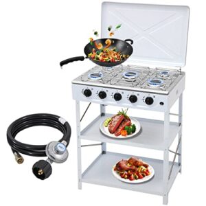 forimo gas stove portable propane stove 5 burner with support leg stand and wind blocking cover adapter auto ignition camping stove lpg for rv, apartment, outdoor cooking