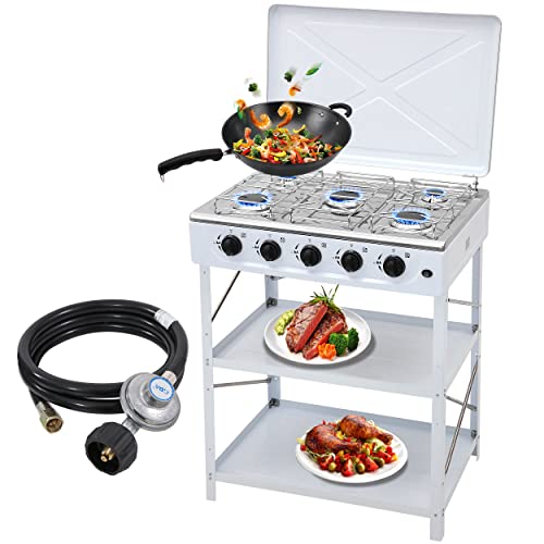 forimo Gas Stove Portable Propane Stove 5 Burner with Support Leg Stand and Wind Blocking Cover Adapter Auto Ignition Camping Stove LPG for RV, Apartment, Outdoor Cooking