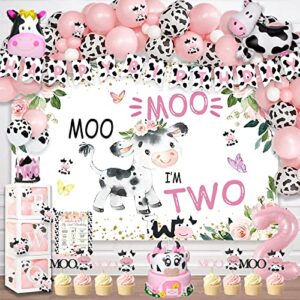 126 PCs Moo Moo Im Two Birthday Decorations Girl, Fiesec Cow 2nd Birthday Party Supplies Two Years Old Backdrop Balloon Garland Banner Cake Cupcake Toppers Boxes Cutout Crown Poster Pink White Black