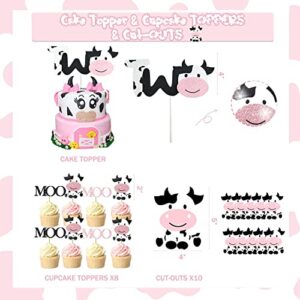 126 PCs Moo Moo Im Two Birthday Decorations Girl, Fiesec Cow 2nd Birthday Party Supplies Two Years Old Backdrop Balloon Garland Banner Cake Cupcake Toppers Boxes Cutout Crown Poster Pink White Black
