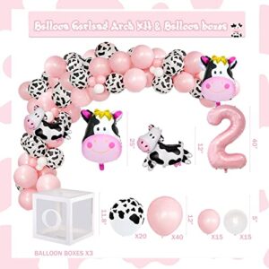 126 PCs Moo Moo Im Two Birthday Decorations Girl, Fiesec Cow 2nd Birthday Party Supplies Two Years Old Backdrop Balloon Garland Banner Cake Cupcake Toppers Boxes Cutout Crown Poster Pink White Black