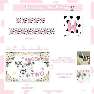 126 PCs Moo Moo Im Two Birthday Decorations Girl, Fiesec Cow 2nd Birthday Party Supplies Two Years Old Backdrop Balloon Garland Banner Cake Cupcake Toppers Boxes Cutout Crown Poster Pink White Black