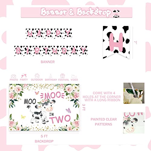 126 PCs Moo Moo Im Two Birthday Decorations Girl, Fiesec Cow 2nd Birthday Party Supplies Two Years Old Backdrop Balloon Garland Banner Cake Cupcake Toppers Boxes Cutout Crown Poster Pink White Black