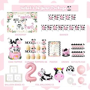 126 PCs Moo Moo Im Two Birthday Decorations Girl, Fiesec Cow 2nd Birthday Party Supplies Two Years Old Backdrop Balloon Garland Banner Cake Cupcake Toppers Boxes Cutout Crown Poster Pink White Black