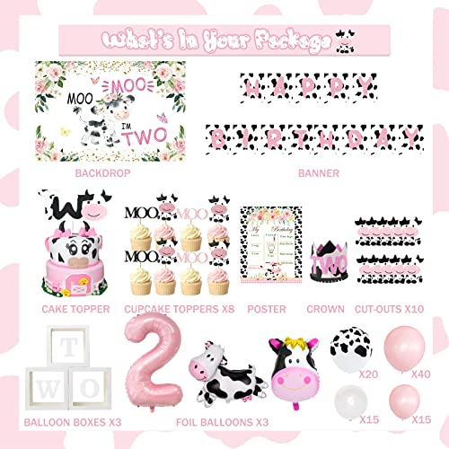 126 PCs Moo Moo Im Two Birthday Decorations Girl, Fiesec Cow 2nd Birthday Party Supplies Two Years Old Backdrop Balloon Garland Banner Cake Cupcake Toppers Boxes Cutout Crown Poster Pink White Black