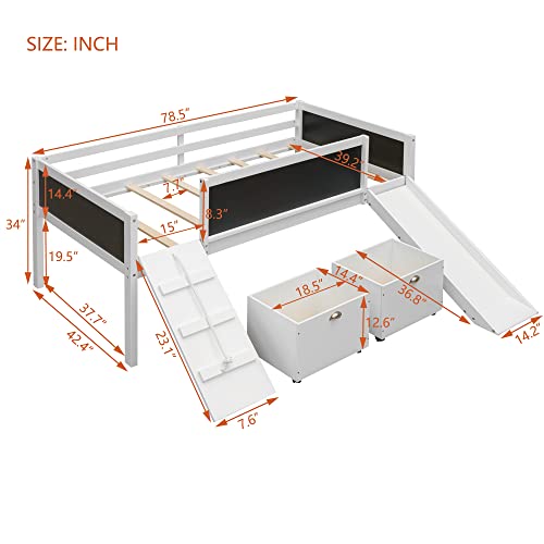 CITYLIGHT Low Loft Bed with Slide,Wood Twin Loft Bed for Kids,Loft Bed Twin with 2 Toy Boxes and Decorative Guardrail Chalkboard, Junior Loft Bed Frame for Girls Boys Toddler,White