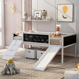 CITYLIGHT Low Loft Bed with Slide,Wood Twin Loft Bed for Kids,Loft Bed Twin with 2 Toy Boxes and Decorative Guardrail Chalkboard, Junior Loft Bed Frame for Girls Boys Toddler,White