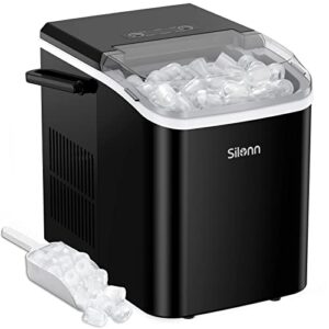 silonn countertop ice maker machine with handle, portable makers countertop, makes up to 27 lbs. of per day, 9 cubes in 7 mins, self-cleaning scoop and basket, black, 12 x 9 x 12 inches (slim06)