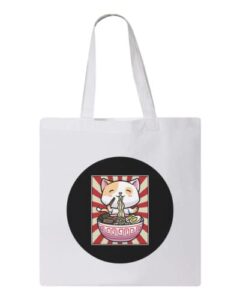 japanese cat ramen bowl anime design, reusable tote bag, lightweight grocery shopping cloth bag, 13” x 14” with 20” handles