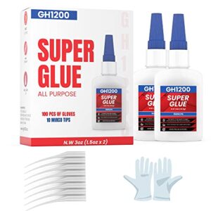 super glue 85g (42.5g × 2) superglue all purpose with anti clog cap, 100 pcs gloves and microtips 3 oz pack of 2 (1.5 x 2)