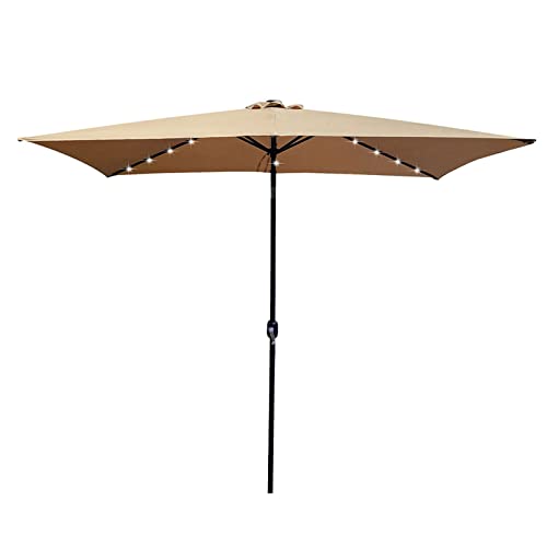 10x6.5ft Tilt umbrella Solar Powered Aluminum Market Umbrella w/ 26 LED Lights, Summer Shade Patio Umbrella w/Tilt Adjustment and Crank, Ideal Choice for Garden, Lawn, Deck, Backyard & Pool, Taupe