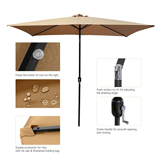 10x6.5ft Tilt umbrella Solar Powered Aluminum Market Umbrella w/ 26 LED Lights, Summer Shade Patio Umbrella w/Tilt Adjustment and Crank, Ideal Choice for Garden, Lawn, Deck, Backyard & Pool, Taupe