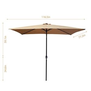 10x6.5ft Tilt umbrella Solar Powered Aluminum Market Umbrella w/ 26 LED Lights, Summer Shade Patio Umbrella w/Tilt Adjustment and Crank, Ideal Choice for Garden, Lawn, Deck, Backyard & Pool, Taupe