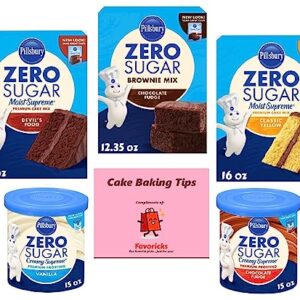 Pillsbury Zero Sugar Dessert Mixes Bundle Includes Sugar Free Brownie, Devil's Food and Yellow Cake Mixes and Vanilla and Chocolate Fudge Frostings Plus Favoricks Cake Baking Tips Card