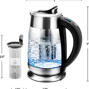 OVENTE Electric Glass Kettle Hot Water Boiler 1.8 Liter BPA Free 1500W, Set Temperature Control, Auto Shut Off, Portable Tea Kettle & Instant Water Heater + Stainless Steel Infuser - KG6610S