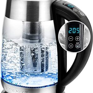 OVENTE Electric Glass Kettle Hot Water Boiler 1.8 Liter BPA Free 1500W, Set Temperature Control, Auto Shut Off, Portable Tea Kettle & Instant Water Heater + Stainless Steel Infuser - KG6610S