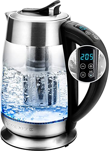 OVENTE Electric Glass Kettle Hot Water Boiler 1.8 Liter BPA Free 1500W, Set Temperature Control, Auto Shut Off, Portable Tea Kettle & Instant Water Heater + Stainless Steel Infuser - KG6610S