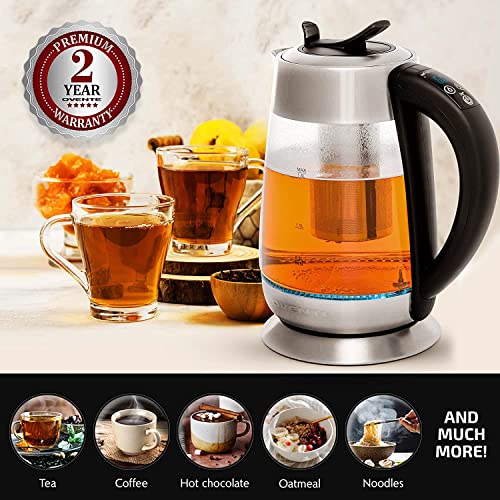 OVENTE Electric Glass Kettle Hot Water Boiler 1.8 Liter BPA Free 1500W, Set Temperature Control, Auto Shut Off, Portable Tea Kettle & Instant Water Heater + Stainless Steel Infuser - KG6610S