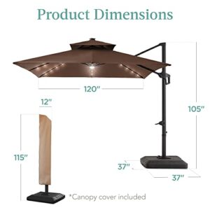 Best Choice Products 10x10ft 2-Tier Square Cantilever Patio Umbrella with Solar LED Lights, Offset Hanging Outdoor Sun Shade for Backyard w/Included Fillable Base, 360 Rotation - Brown