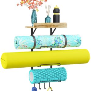 yoga mat holder wall mount - 3 tier rack and 1 wood shelf with 4 hooks - ideal storage organizer for home gym equipment and workout exercise accessories and easy to install