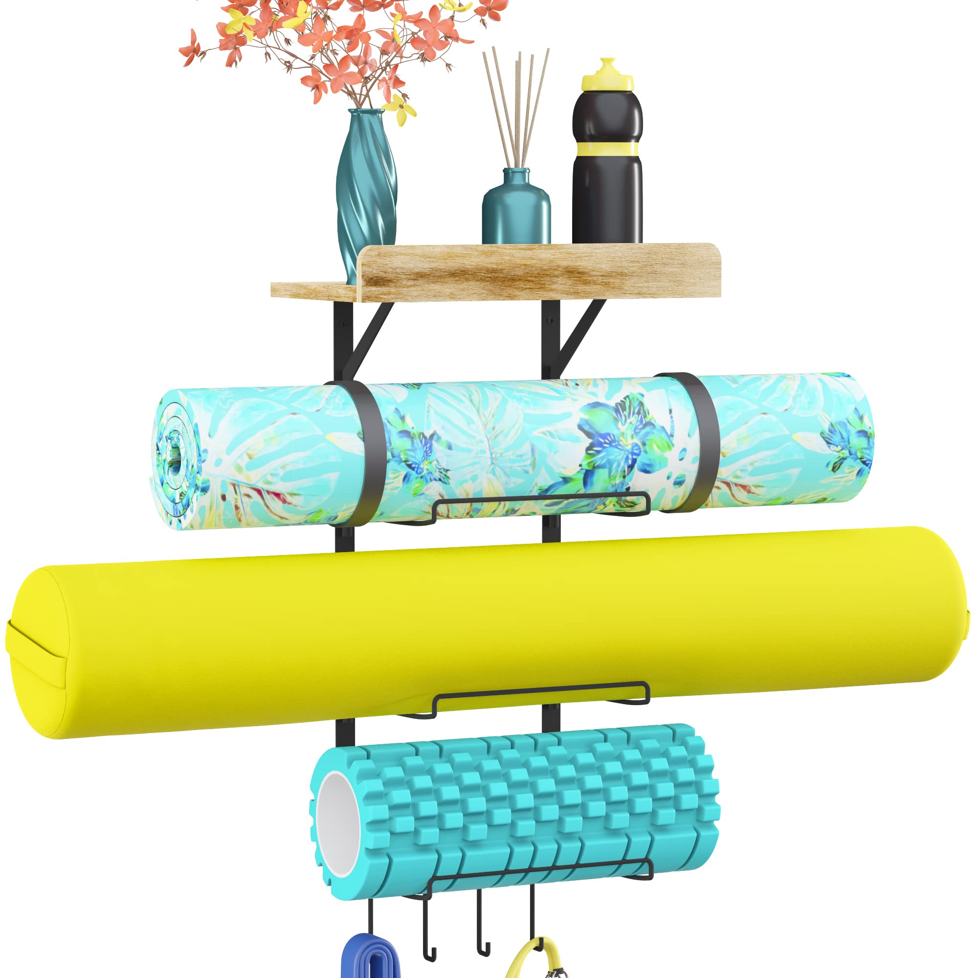 Yoga Mat Holder Wall Mount - 3 Tier Rack and 1 Wood Shelf with 4 Hooks - Ideal Storage Organizer for Home Gym Equipment and Workout Exercise Accessories and Easy to Install