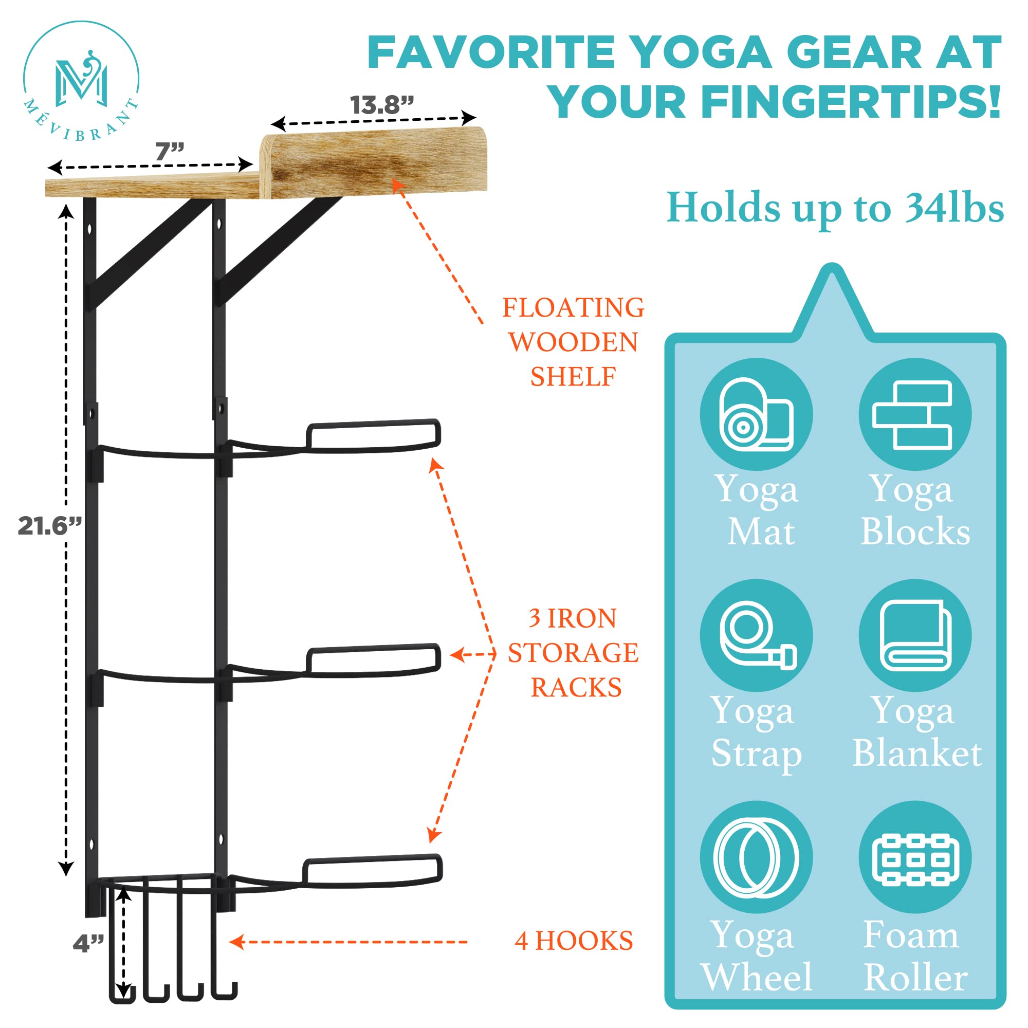 Yoga Mat Holder Wall Mount - 3 Tier Rack and 1 Wood Shelf with 4 Hooks - Ideal Storage Organizer for Home Gym Equipment and Workout Exercise Accessories and Easy to Install