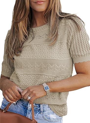 Dokotoo Womens Summer Short Sleeve Sweaters Tops Spring Crew Neck Pullover Shirt Lightweight Knit Sweater Blouse Apricot Medium