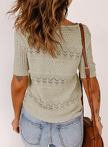 Dokotoo Womens Summer Short Sleeve Sweaters Tops Spring Crew Neck Pullover Shirt Lightweight Knit Sweater Blouse Apricot Medium