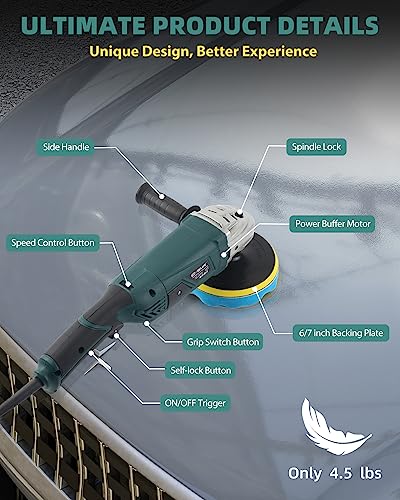 GEVEELIFE Buffer Polisher, 1600W 7 Inch/6 Inch Polisher, 7 Variable Speed 1000-3500 RPM Car Buffer Polisher Waxer with Adjustable Grip, Detachable Handle for Car, Boat Sanding, Polishing, Waxing