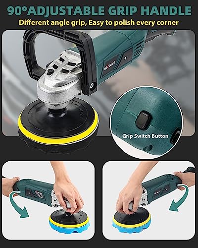 GEVEELIFE Buffer Polisher, 1600W 7 Inch/6 Inch Polisher, 7 Variable Speed 1000-3500 RPM Car Buffer Polisher Waxer with Adjustable Grip, Detachable Handle for Car, Boat Sanding, Polishing, Waxing