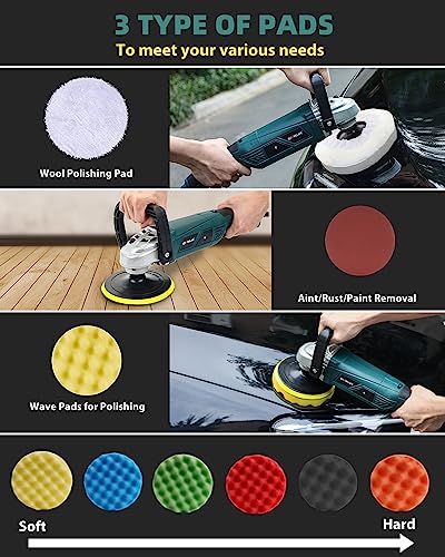 GEVEELIFE Buffer Polisher, 1600W 7 Inch/6 Inch Polisher, 7 Variable Speed 1000-3500 RPM Car Buffer Polisher Waxer with Adjustable Grip, Detachable Handle for Car, Boat Sanding, Polishing, Waxing