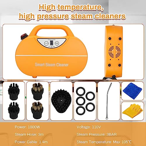 High Pressure Steam Cleaner, 1800W Portable Handheld Steam Cleaner Machine with 5 Brush Heads High Temperature Fast Heating Steamer for Home Use, Car Detailing, Kitchen, Bathroom, Furniture,Etc. (yellow)