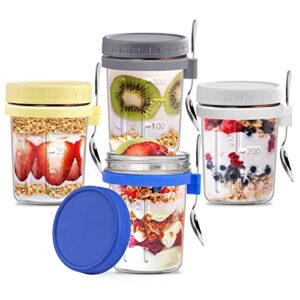 Alitake Overnight Oats Container with Lid and Spoon - 16 oz Glass Overnight Oats Jars with Measurement Mark - 4 Pcs Portable Large Capacity Airtight Mason Jars for Overnight Oats, Cereal, Milk, Fruit