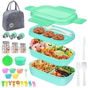 leitao 29 packs bento box kids adult lunch box container, 1900ml 3 layer stackable lunch box for adults/kids, multiple compartments bento box with built-in utensil set, diy accessories, bags (green)