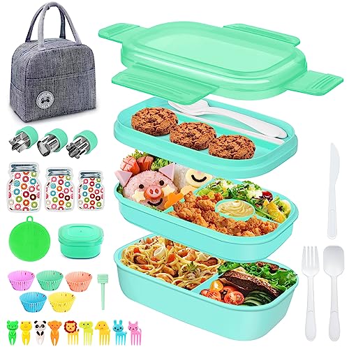 LEITAO 29 Packs Bento Box Kids Adult Lunch Box Container, 1900ML 3 Layer Stackable Lunch Box for Adults/Kids, Multiple Compartments Bento Box With Built-in Utensil Set, DIY Accessories, Bags (Green)