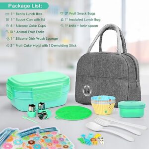 LEITAO 29 Packs Bento Box Kids Adult Lunch Box Container, 1900ML 3 Layer Stackable Lunch Box for Adults/Kids, Multiple Compartments Bento Box With Built-in Utensil Set, DIY Accessories, Bags (Green)