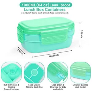 LEITAO 29 Packs Bento Box Kids Adult Lunch Box Container, 1900ML 3 Layer Stackable Lunch Box for Adults/Kids, Multiple Compartments Bento Box With Built-in Utensil Set, DIY Accessories, Bags (Green)