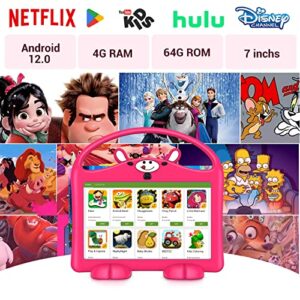 Kids Tablet, 7 inch Tablet for Kids 4GB RAM 64GB ROM, Android 12 Toddler Tablet with Bluetooth, WiFi, Parental Control, Dual Camera, Shockproof Case, YouTube Netflix, Children Tablet for Toddlers