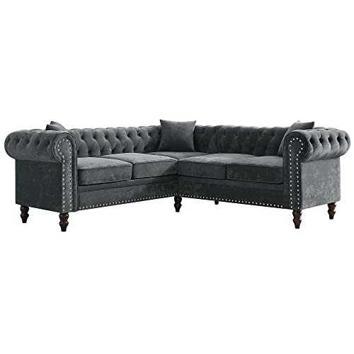 ERYE 80" Symmetrical Sectional, Button Tufted Velvet Upholstered Modular Sofa, Luxury Roll Arm Classic Chesterfield Couch,Nail Head Decor L-Shaped Corner Sofá with 3 Pillows, Grey