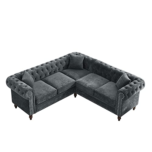 ERYE 80" Symmetrical Sectional, Button Tufted Velvet Upholstered Modular Sofa, Luxury Roll Arm Classic Chesterfield Couch,Nail Head Decor L-Shaped Corner Sofá with 3 Pillows, Grey