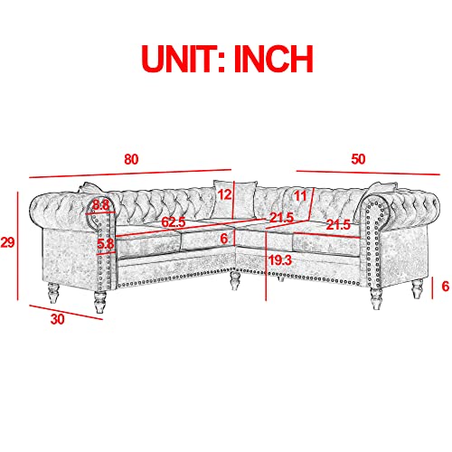 ERYE 80" Symmetrical Sectional, Button Tufted Velvet Upholstered Modular Sofa, Luxury Roll Arm Classic Chesterfield Couch,Nail Head Decor L-Shaped Corner Sofá with 3 Pillows, Grey