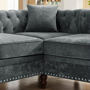 ERYE 80" Symmetrical Sectional, Button Tufted Velvet Upholstered Modular Sofa, Luxury Roll Arm Classic Chesterfield Couch,Nail Head Decor L-Shaped Corner Sofá with 3 Pillows, Grey