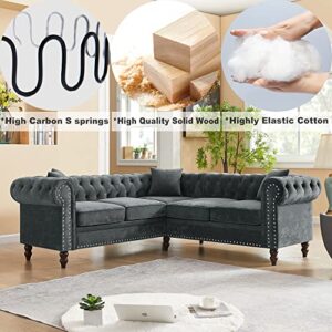 ERYE 80" Symmetrical Sectional, Button Tufted Velvet Upholstered Modular Sofa, Luxury Roll Arm Classic Chesterfield Couch,Nail Head Decor L-Shaped Corner Sofá with 3 Pillows, Grey