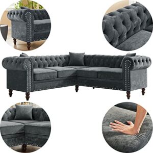 ERYE 80" Symmetrical Sectional, Button Tufted Velvet Upholstered Modular Sofa, Luxury Roll Arm Classic Chesterfield Couch,Nail Head Decor L-Shaped Corner Sofá with 3 Pillows, Grey
