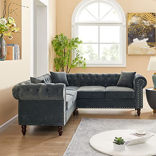 ERYE 80" Symmetrical Sectional, Button Tufted Velvet Upholstered Modular Sofa, Luxury Roll Arm Classic Chesterfield Couch,Nail Head Decor L-Shaped Corner Sofá with 3 Pillows, Grey