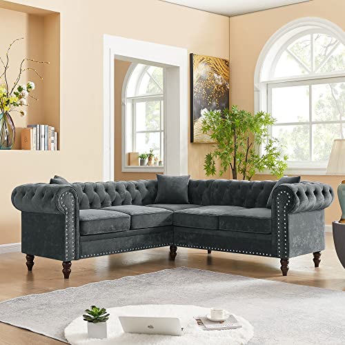 ERYE 80" Symmetrical Sectional, Button Tufted Velvet Upholstered Modular Sofa, Luxury Roll Arm Classic Chesterfield Couch,Nail Head Decor L-Shaped Corner Sofá with 3 Pillows, Grey